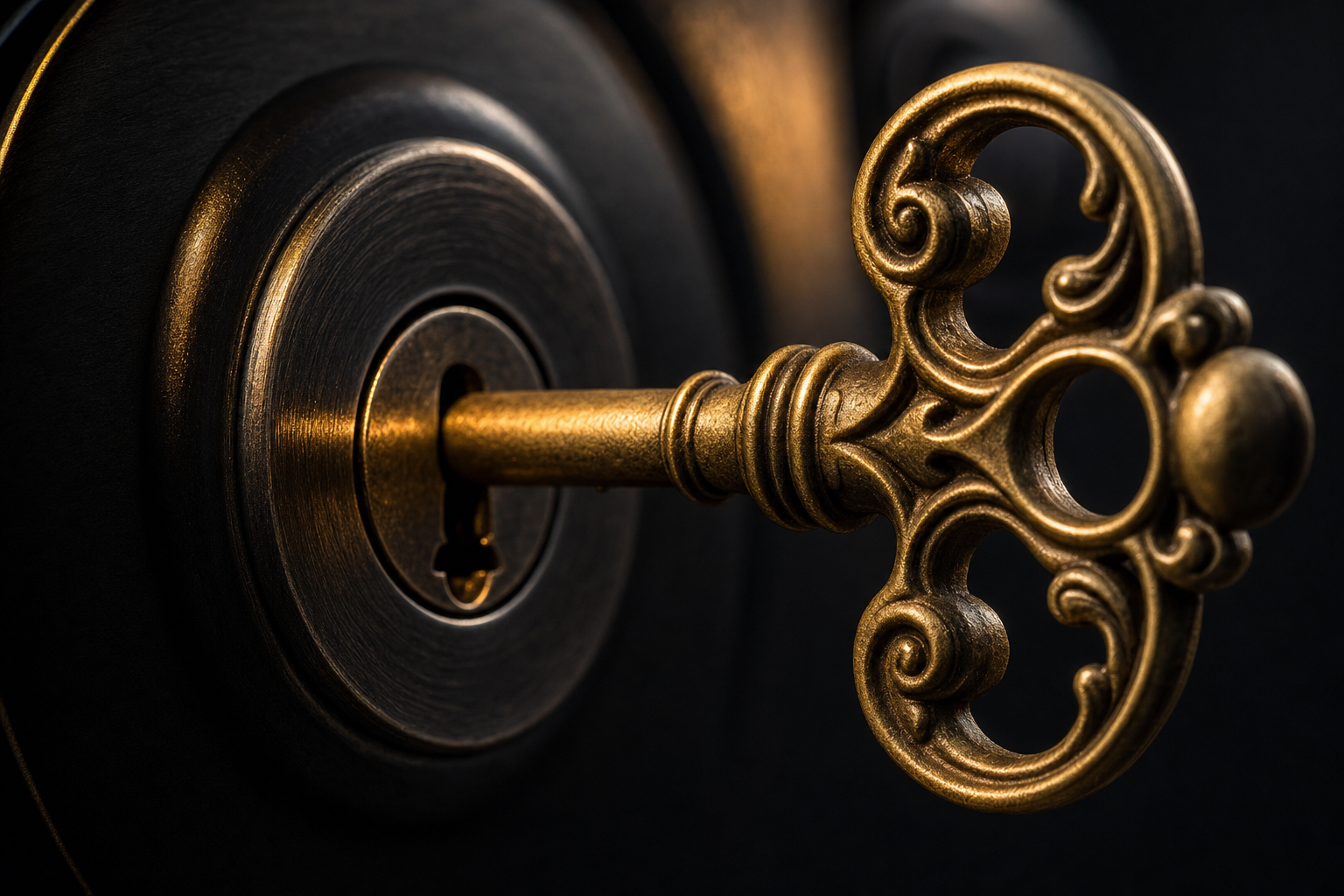 Brass key in a polished dark lock cylinder under warm golden light