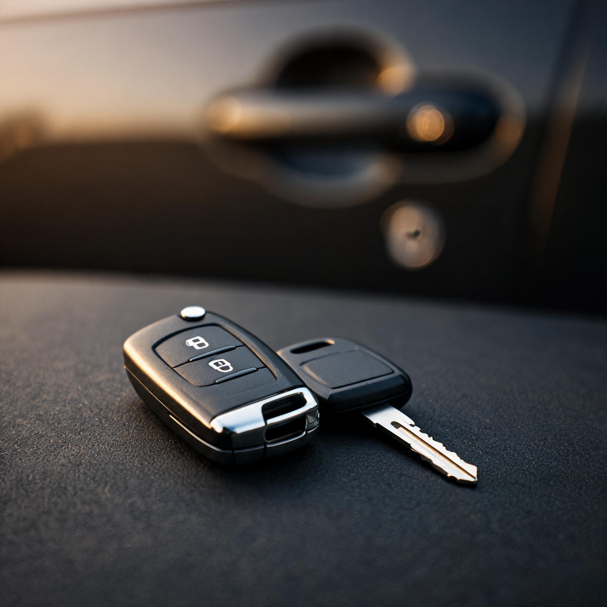 Car key fob and transponder key on a dark surface